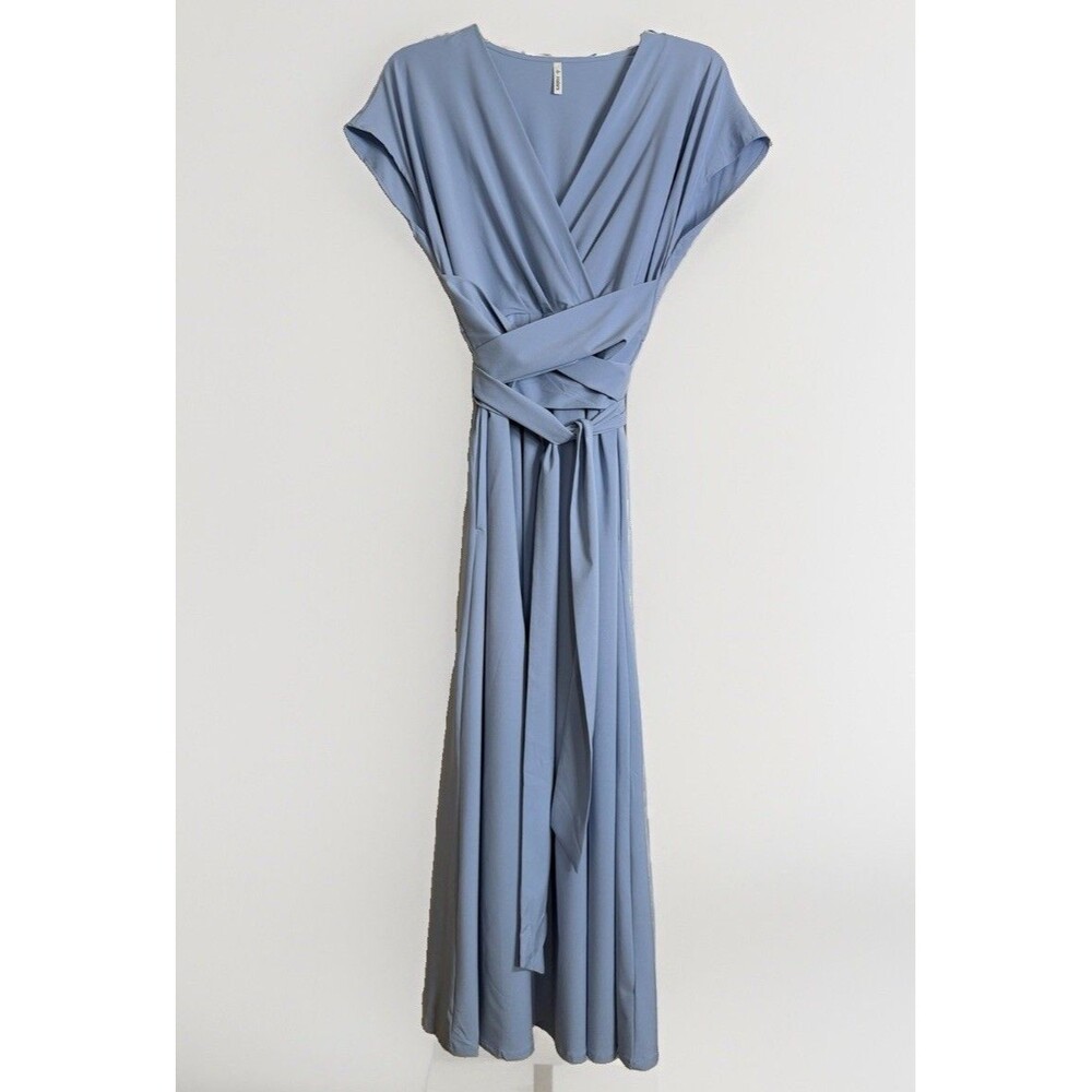 HALARA Breezeful V Neck Midi Dress Short Sleeve Medium Pocket Tie Blue Flowy